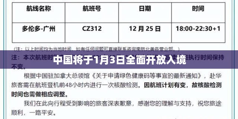 中国将于1月3日全面开放入境